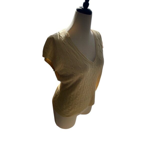 New York & Company Womens V-Neck Cable Knit Short Sleeve Sweater Large Yellow Ac - Picture 4 of 8